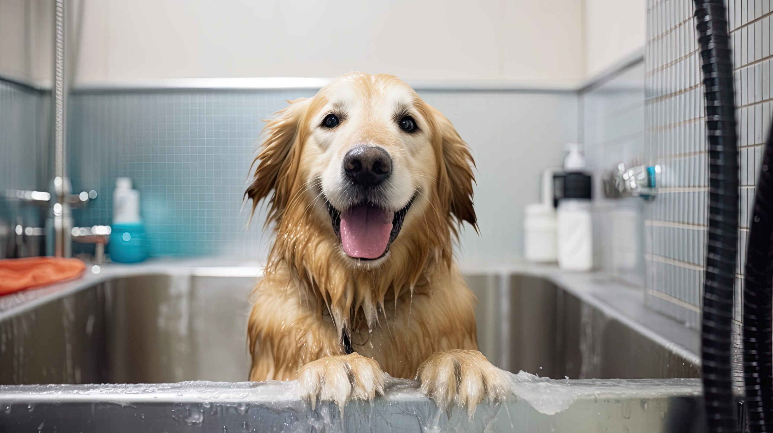 Adorable and happy dog in the bathtub. Generative AI